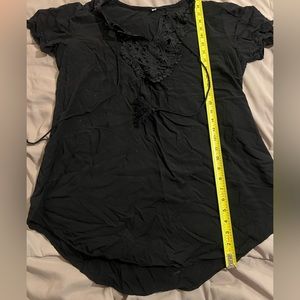 Chic black cotton cover-up, embroidered neck trim with tie